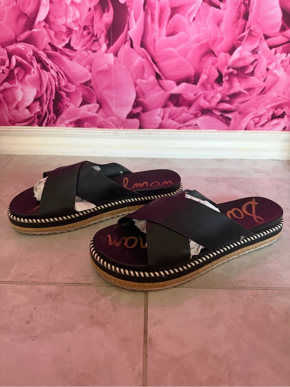 Sam Edelman Black Leather Crisscross Espadrille Slide Sandals - Picture 6 of 7